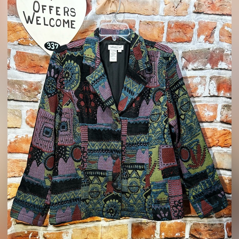 Coldwater Creek L Purple Black Green Wine Tapestry Look Jacket EUC Fall Colors